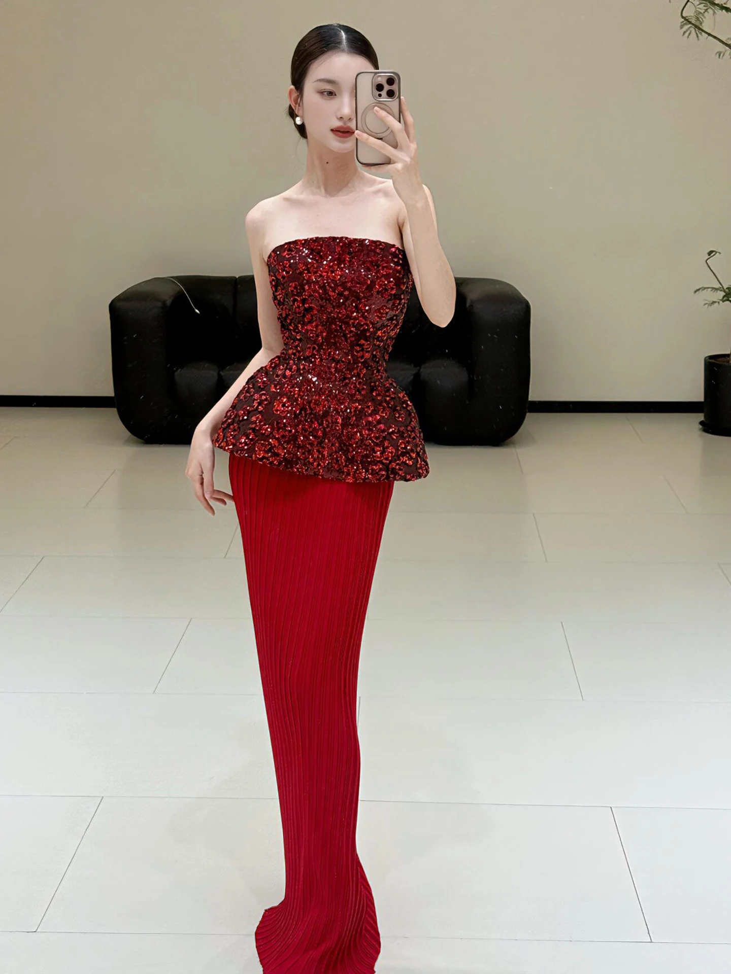 

Ele Red Bridal Morning Robe with Sequin Fi Tail Gown for Women Luxury Sensation Bridesmaid Suit Wedding Celebration