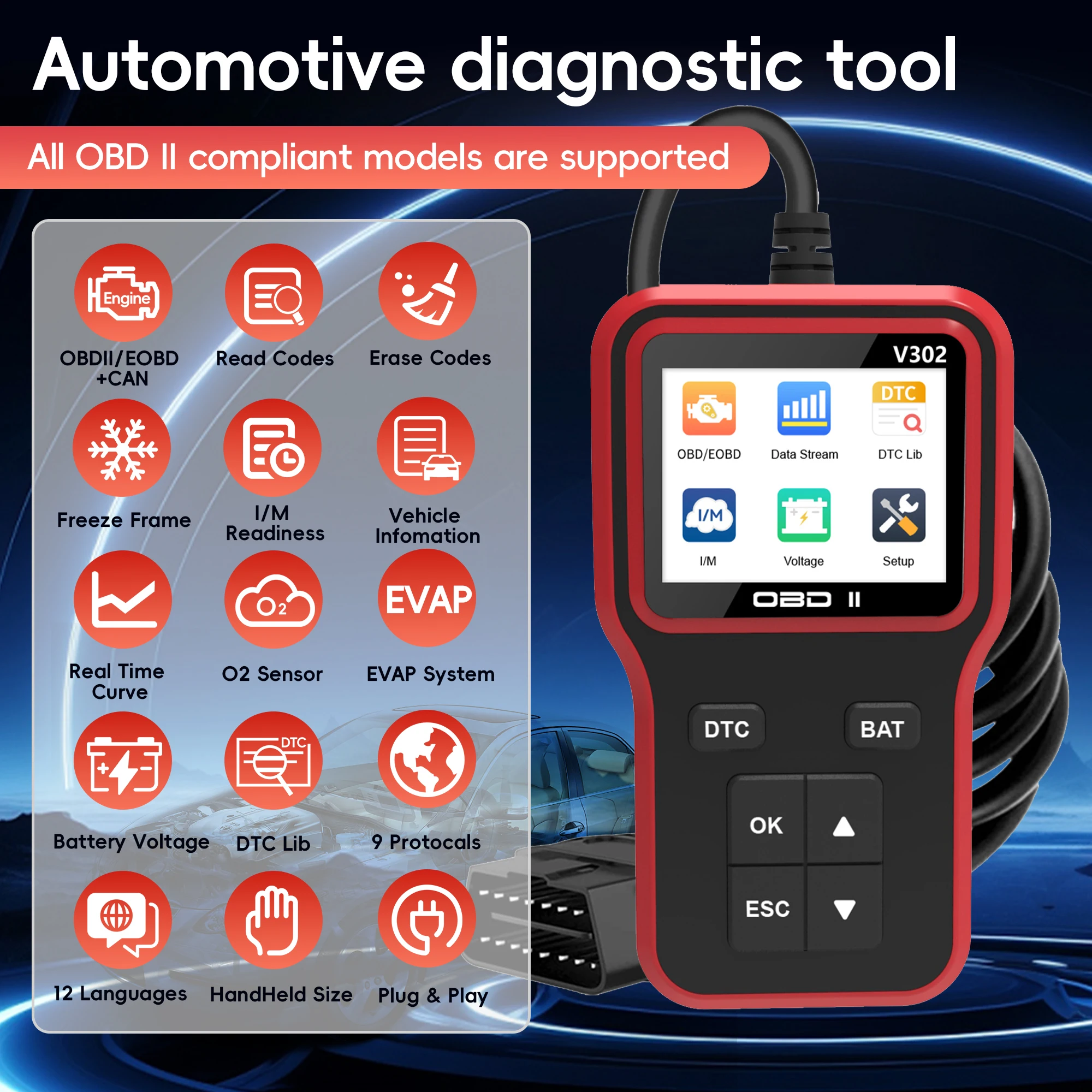 

Диагностический сканер OBD2 для автомобилей с ошибками в системе двигателя и готовностью к проверке выбросов, с улучшенным тестером аккумуляторов