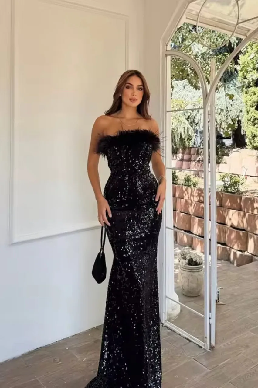 

Customized Black Sequins Evening Dresses Strapless Feathers Glitter Mermaid Prom Dress Off-shoulder Women Cocktail Party Dress