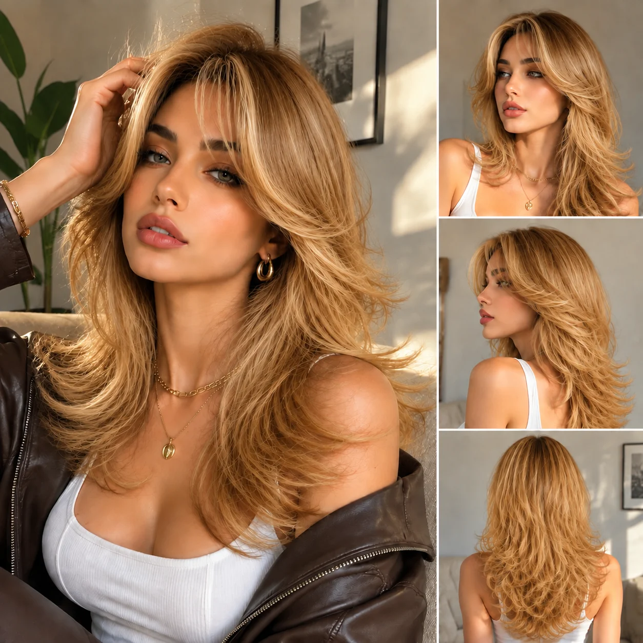 Fashion Blonde Long Shaggy Wavy Wig, Fluffy Layered Synthetic Wig with Curtain Fringe, Heat Resistant Hair Wig for Women Dating