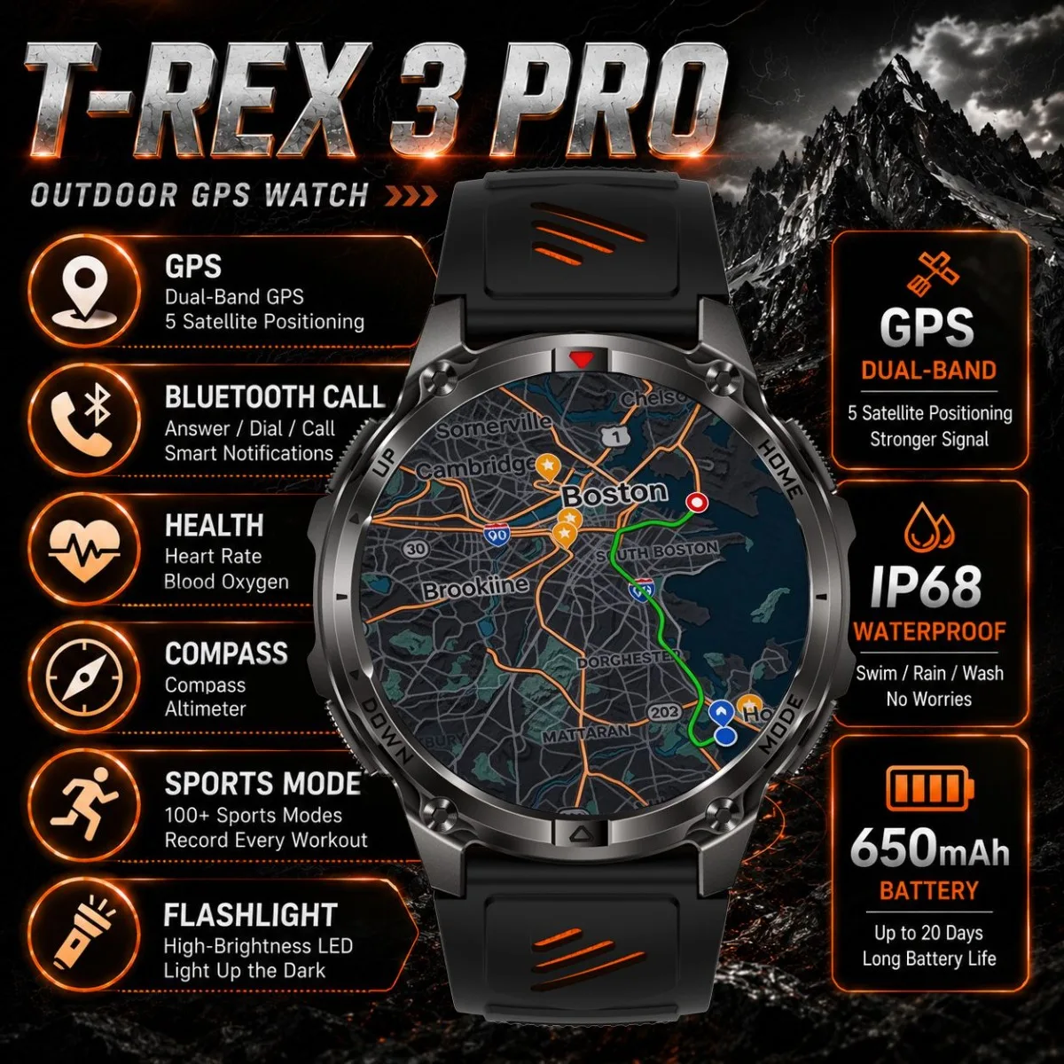 2026 New T-Rex3 Ultra GPS Track Smart Watch Men：680mAh Battery Compass Waterproof Compass Outdoors Sports Tracker Smartwatches