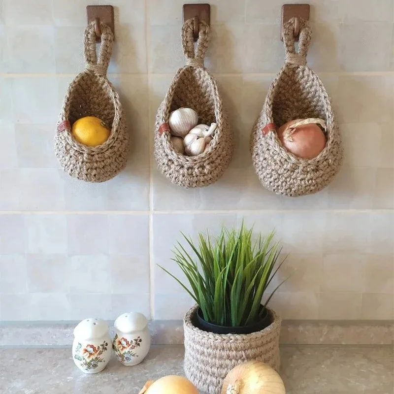 

1pcs Kitchen Hanging Net Pocket Cotton Rope Water Drop Fruit Vegetable Storage Basket Home Organizer Hand-woven Basket