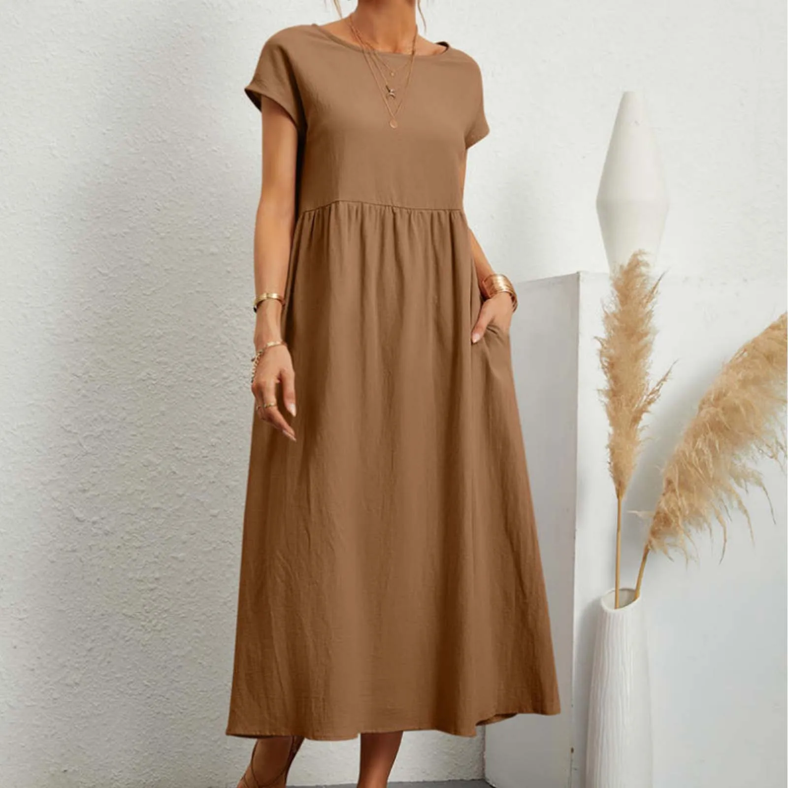 Women Vintage Solid Dress 2024 Summer Elegant O Neck Short Sleeve Cotton Linen Dresses Female Casual Loose Sundress Long Dress