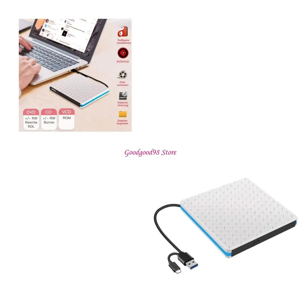 

Быстрая скорость внешние DVD -горелки Player Portable USB Type C Opticals Drive для PC Laptop Desktop W8EC