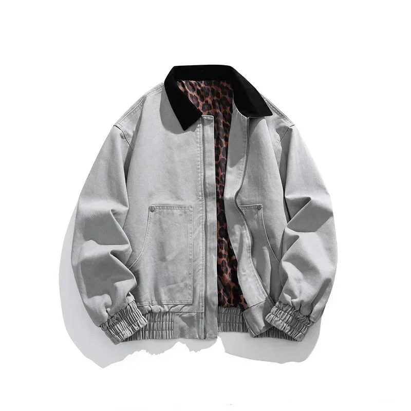 

Men's Pure Cotton Jacket Collared Outerwear Leopard Print Detroit Denim Jacket Spring and Autumn Leather Bomber Jacket