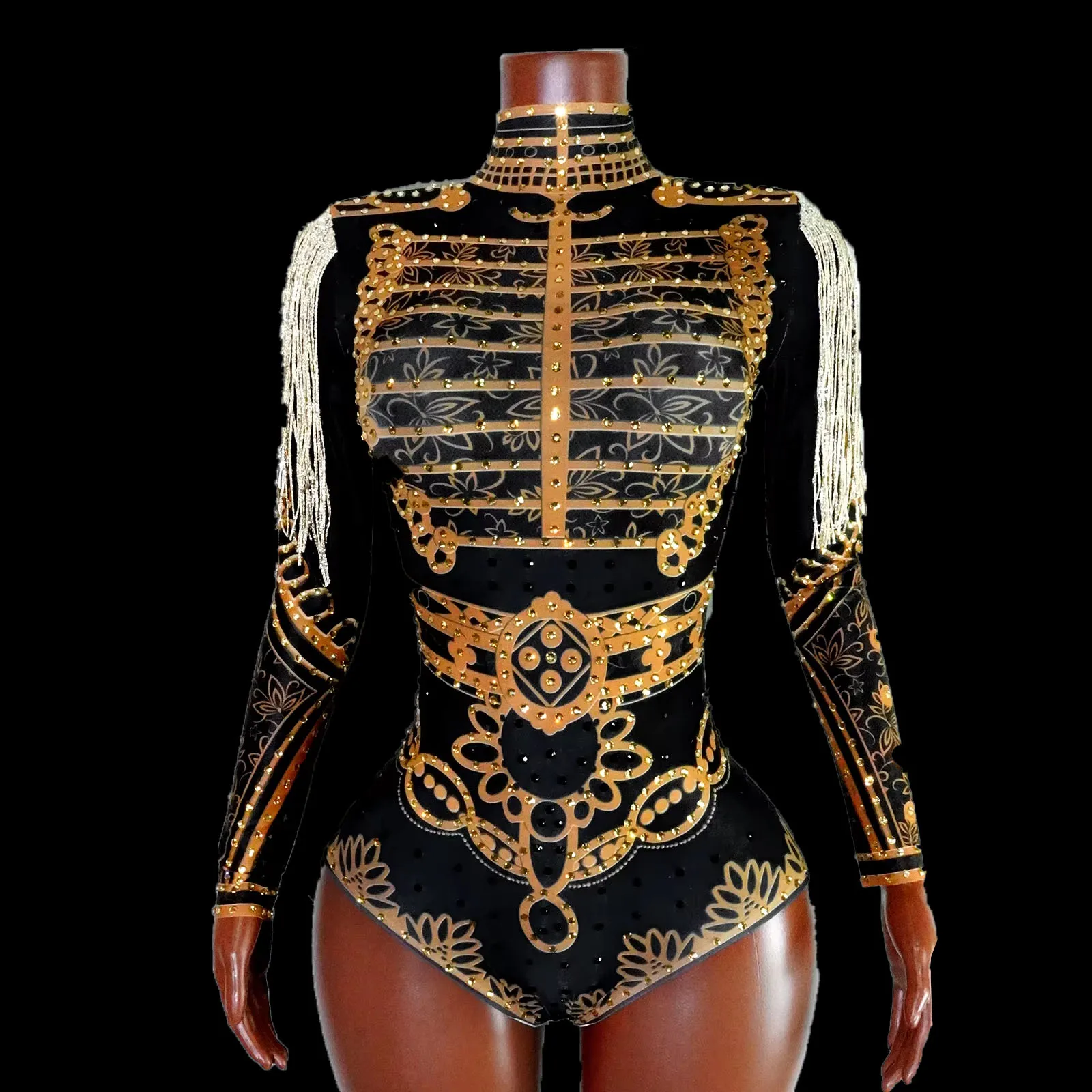 

New Stage Performance Costume Diamonds Black Stretchy Bodysuit For Women Fringed Bodysuits Nightclub Bar Party Dancer Clothing