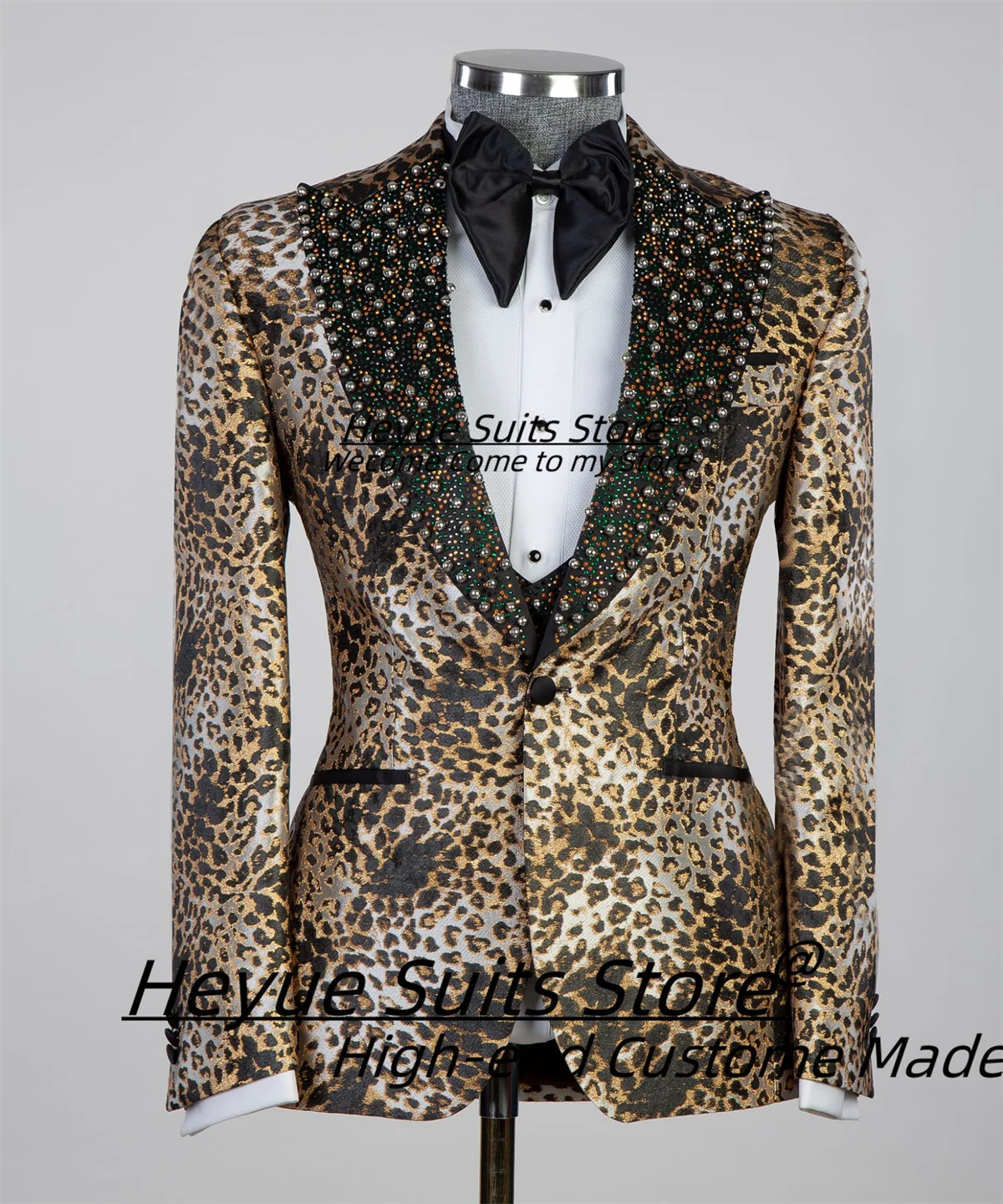 

High-end Fashion leopard print Men Suits Customized Slim Fit Peak Lapel Groom Wedding Tuxedos 3 Pieces Sets Male Prom Blazers