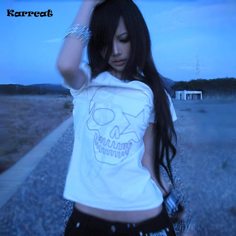Karrcat Grunge Aesthetics Skull Print T-shirt Trashy 2000s Style Short Sleeve Tee Shirt Japanese Y2k Streetwear Gothic Vintage