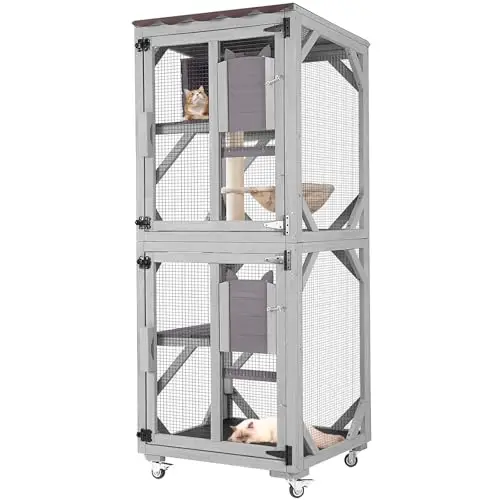 Catio Outdoor Cat Enclosure Wooden Cat Cage with Window Access Large Kitty House on Wheels 62.4’’ Indoor Patio