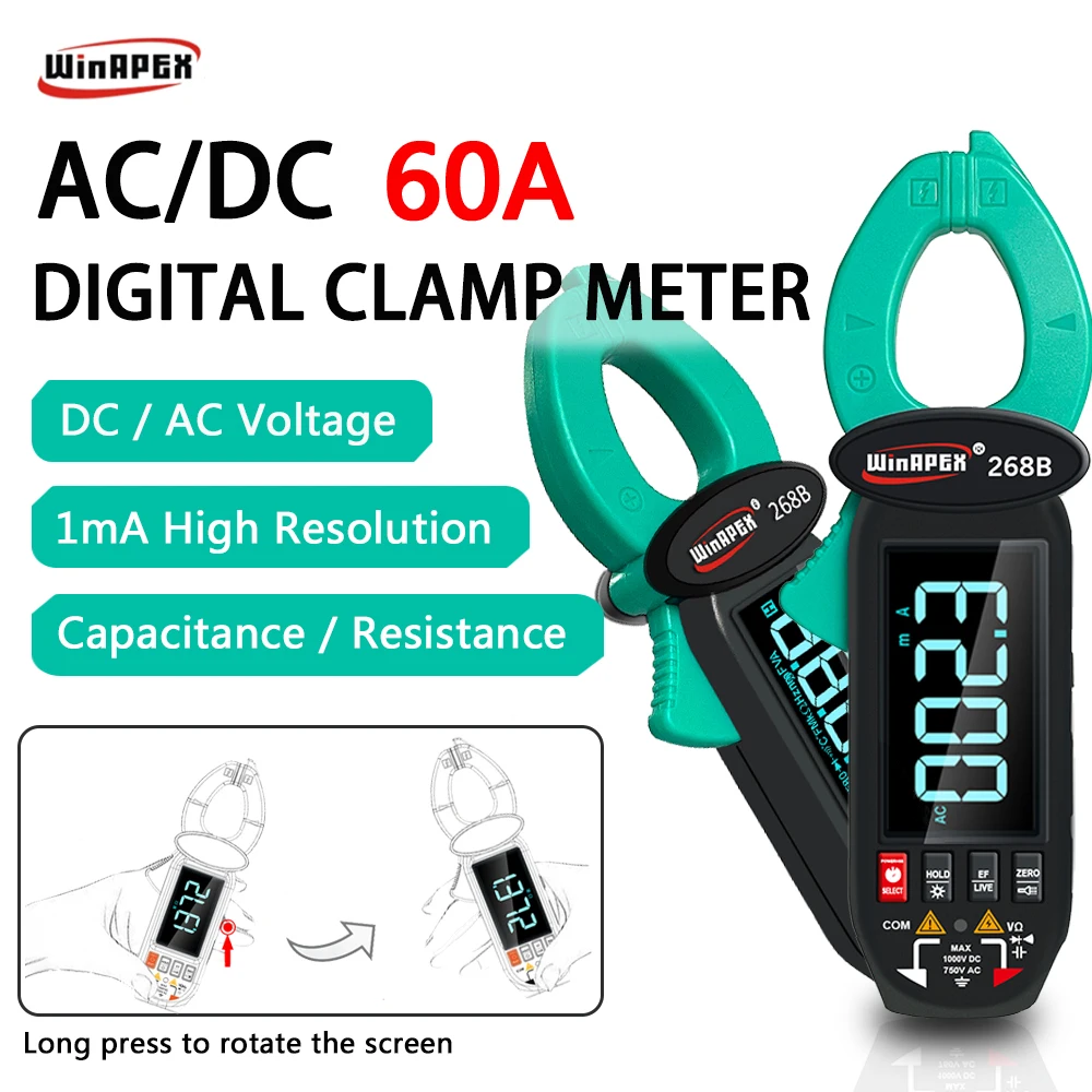 268B Digital Clamp Meter 60A 1000V AC DC Strom Zange True RMS Clamp Amperemeter Voltmeter Diode Temperatur Kapazität tester