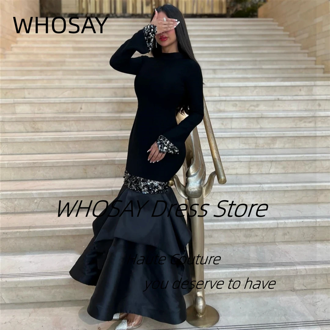 WHOSAY hoge kraag zwarte avondjurken lange mouwen pailletten gelaagde galajurk sexy backless vestidos de noches aangepast