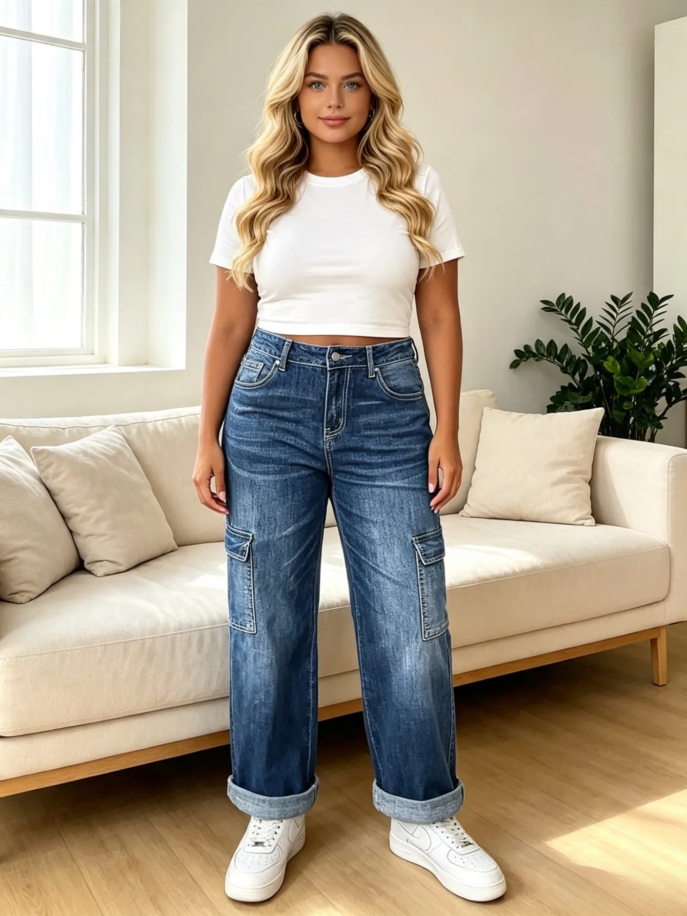【HME】Jeans | Women Cargo Denim Pants With Side Flap Pockets, Mid‑High Waist Rolled Hem Wide Leg Denim Jeans, Dark Vintage Washed Relaxed Fit Pants For Street Daily Casual Wear