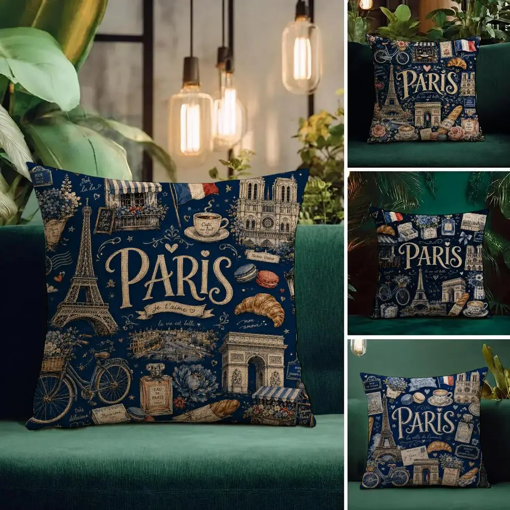 Art Paris Travel Tote Cushion Cover Natural Linen Pillowcase Set Cushion Cover for Sofa Bedroom Chair