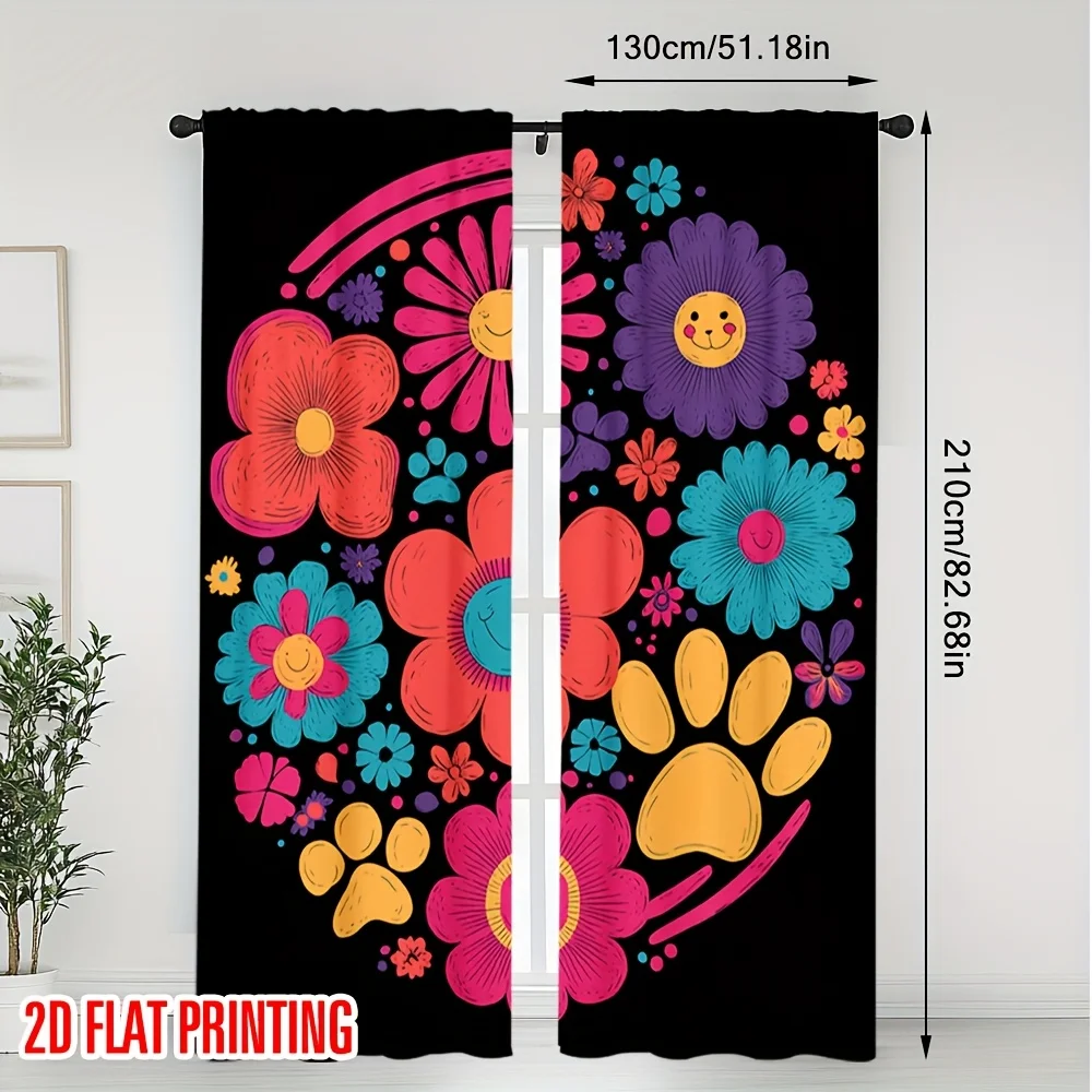Cartoon flower paw-print pattern curtains, pole-mounted installation. Suitable for living rooms bedrooms dining rooms and hotels