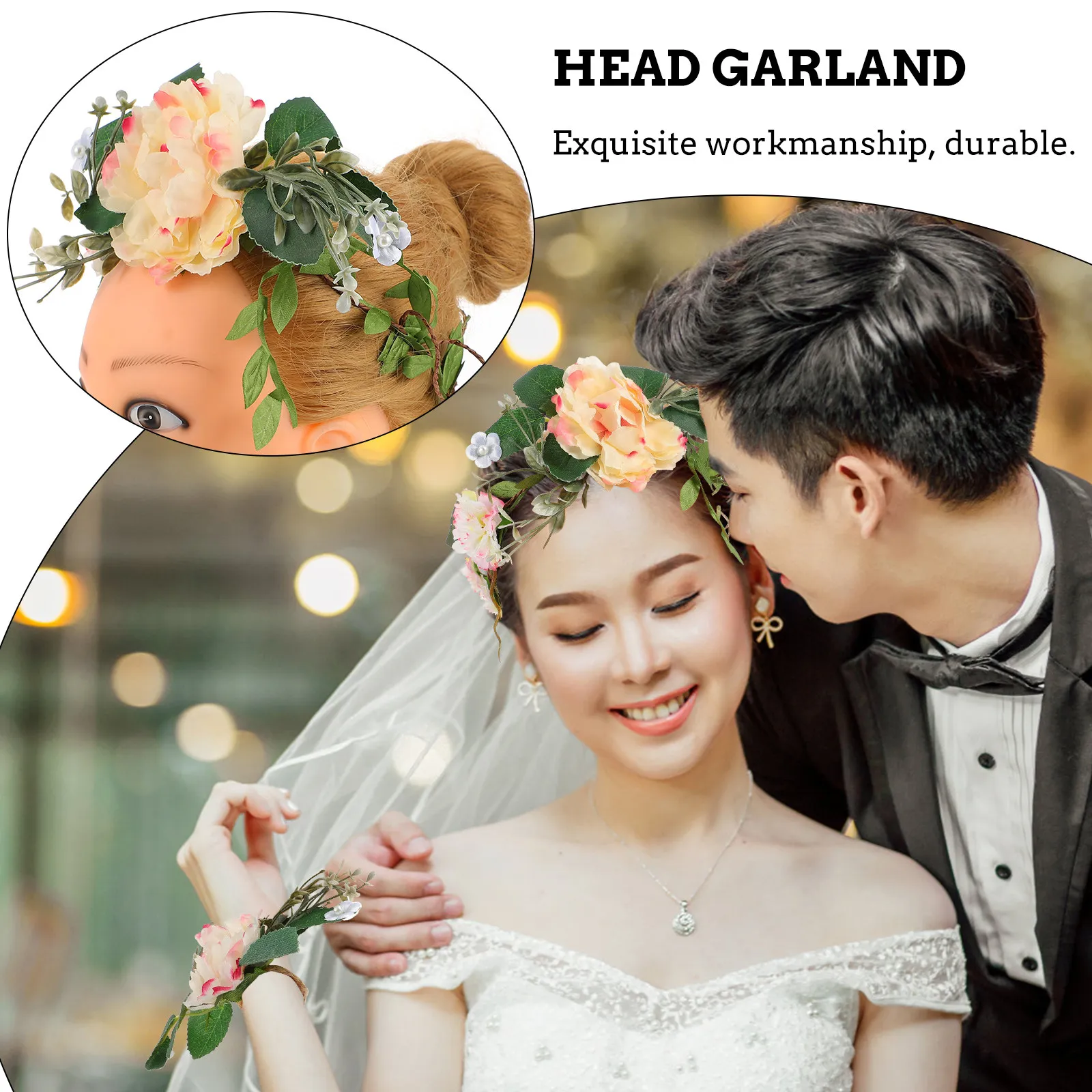 

2Pcs Pearl Floral Wedding Headpiece and Wristband Set Bridal Garland Flower Crown for Beach Seaside Wedding Party Birthday