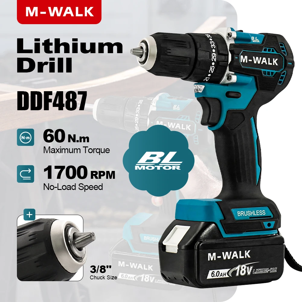 

M-WALK DDF487 10 мм бесщеточная электрическая ударная дрель 60 Нм аккумуляторная дрель набор электрических отверток электроинструменты для Makita 18 В аккумуляторный штифт