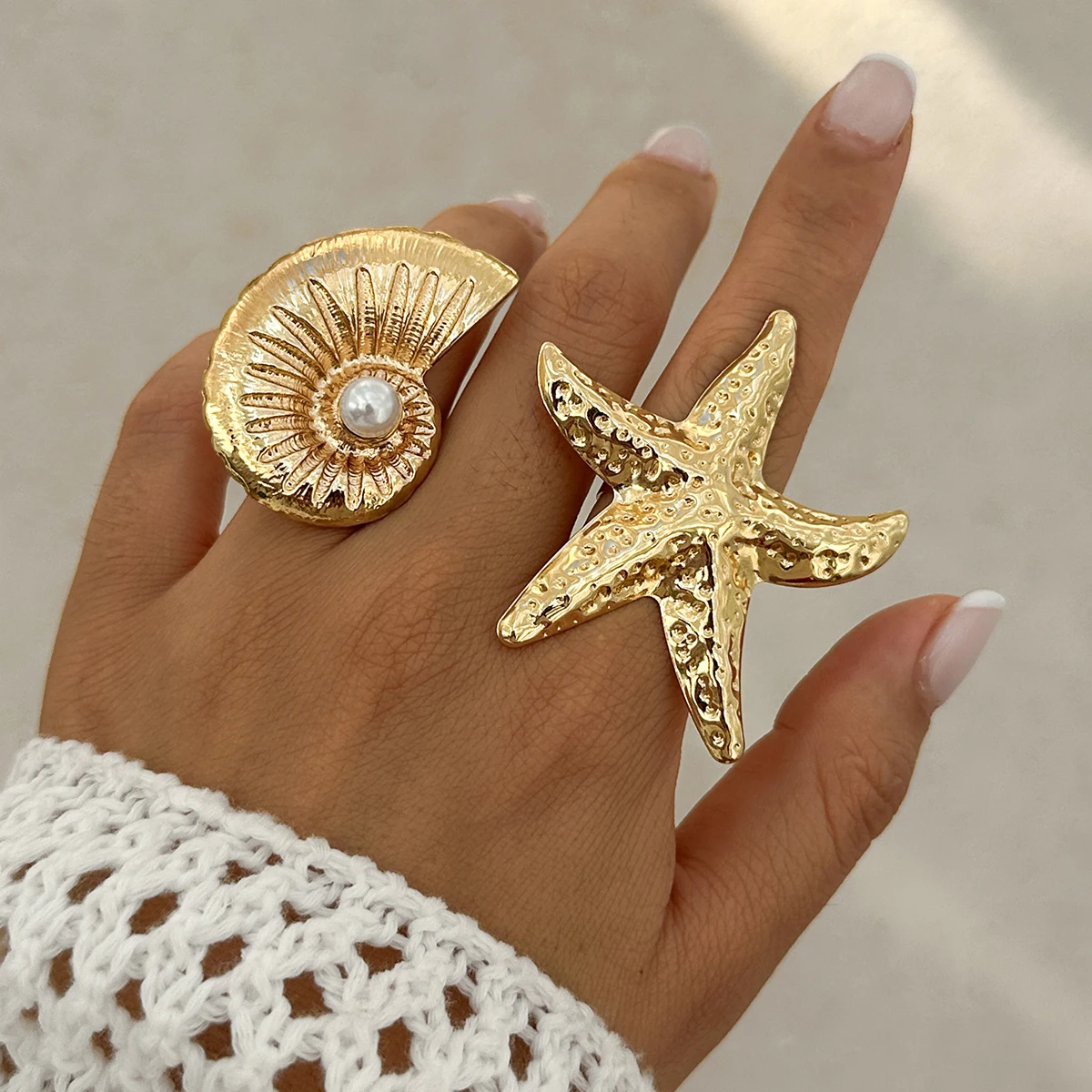 PuRui Trend Exaggerated Gold Color Big Starfish Conch Rings for Women Creative Punk Finger Ring Statement Party Banquet Jewelry image 2