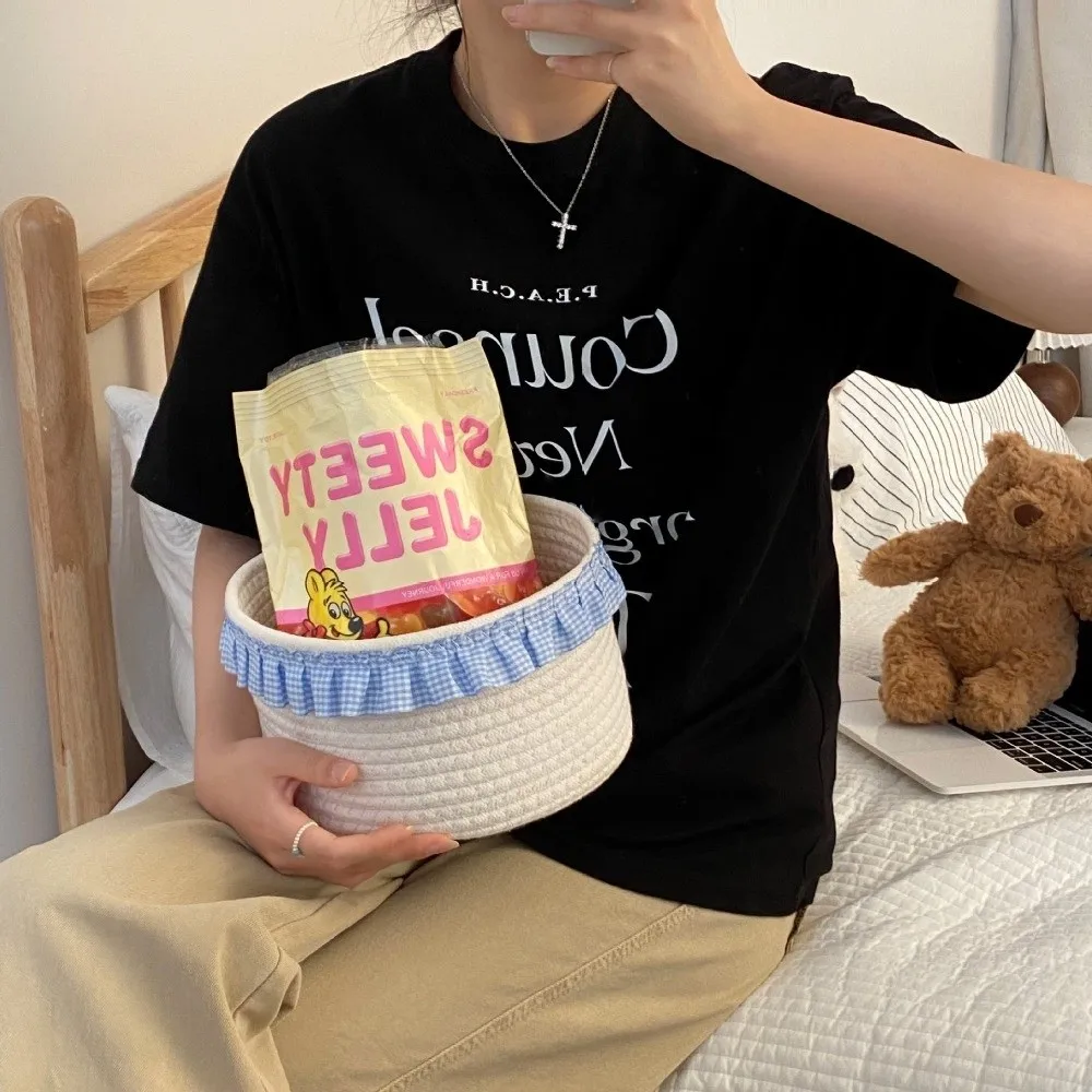 Trendy Blue Sundries Storage Baskets Cotton Rope INS Lace Snacks Basket Cloth Organizer Cute Desktop Organizer Box Bedroom