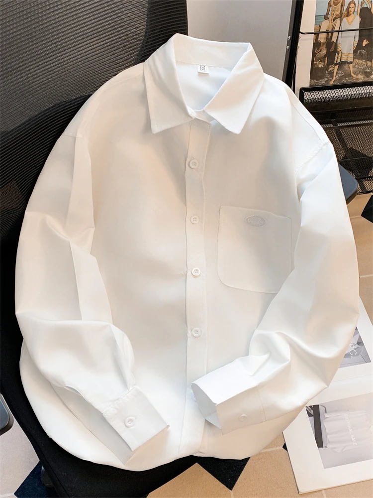 2024 American Style Heavyweight Long Sleeve Casual Shirt Men's Spring Autumn Loose Fit Collared Base Layer High-End White Shirt