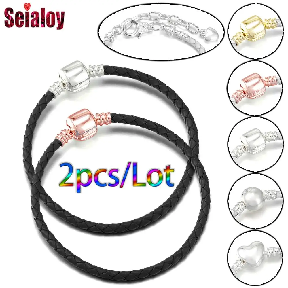 Seialoy 2-pack 6 Styles Black Leather Bracelets For Couple Friend Fit Diy Charm Bracelet Boy Girl Beaded Bangle Jewelry Gift