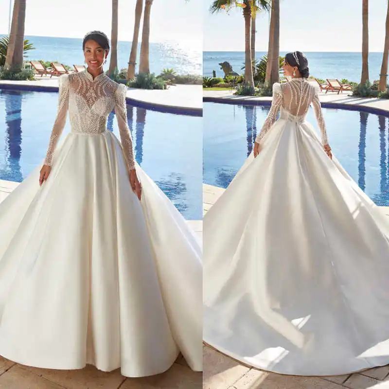 

Exquisite Wedding Dresses Long Sleeve High Neck Crystal Satin Ball Gown Bridal Gowns Customized Vestidos De Novia