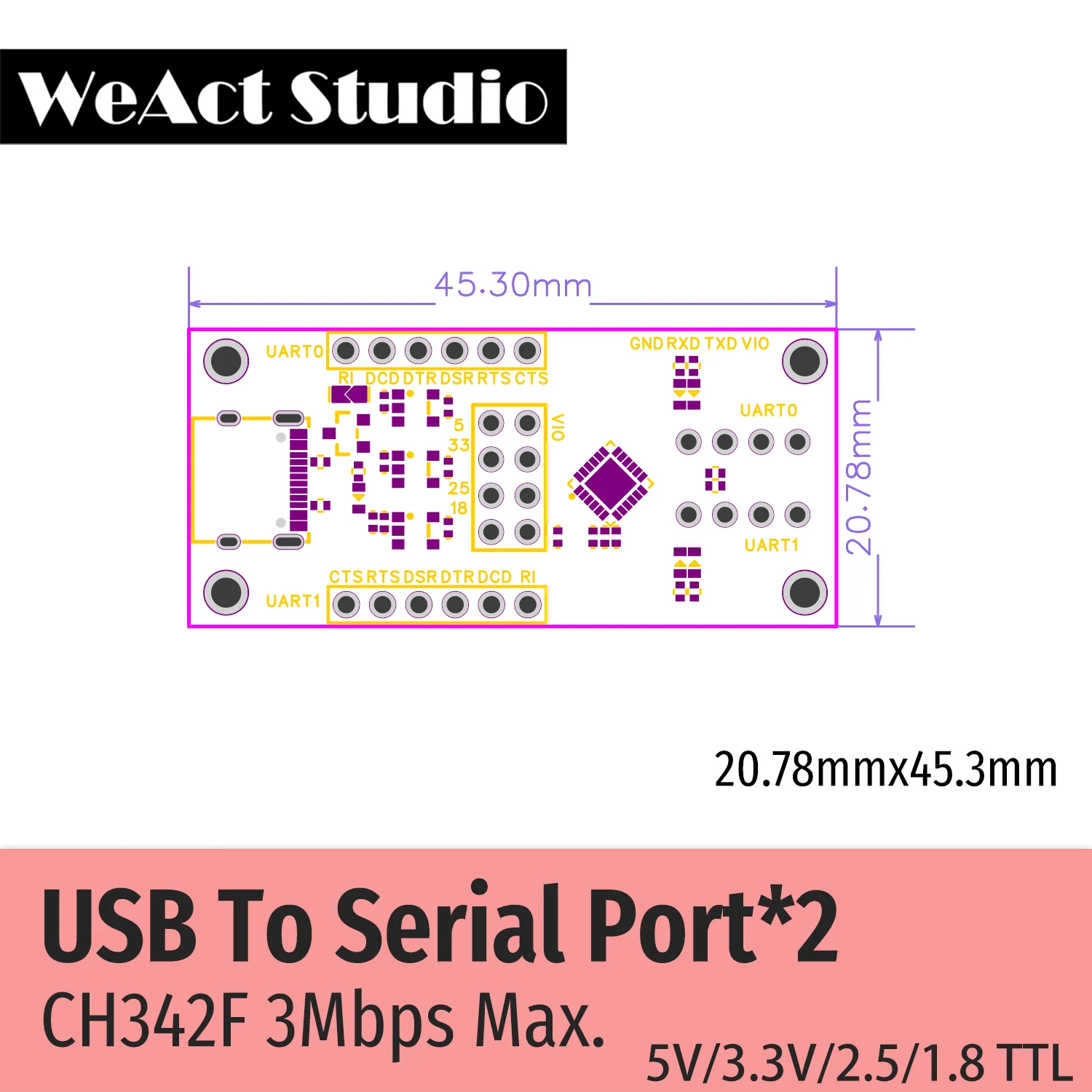 WeAct CH342F USB to 2-way TTL Serial Module Supports 1V8 2V5 3V3 5V Power  3Mbps Max