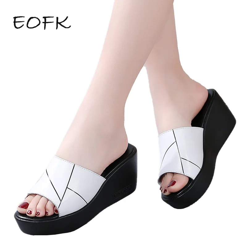 أفضل الأحذية المفتوحة للنساء: EOFK Slippers Women Summer New Wedges Thick Sole 7cm Height Increasing High Heel Concise Outdoor Ladies Slides 7CM heel