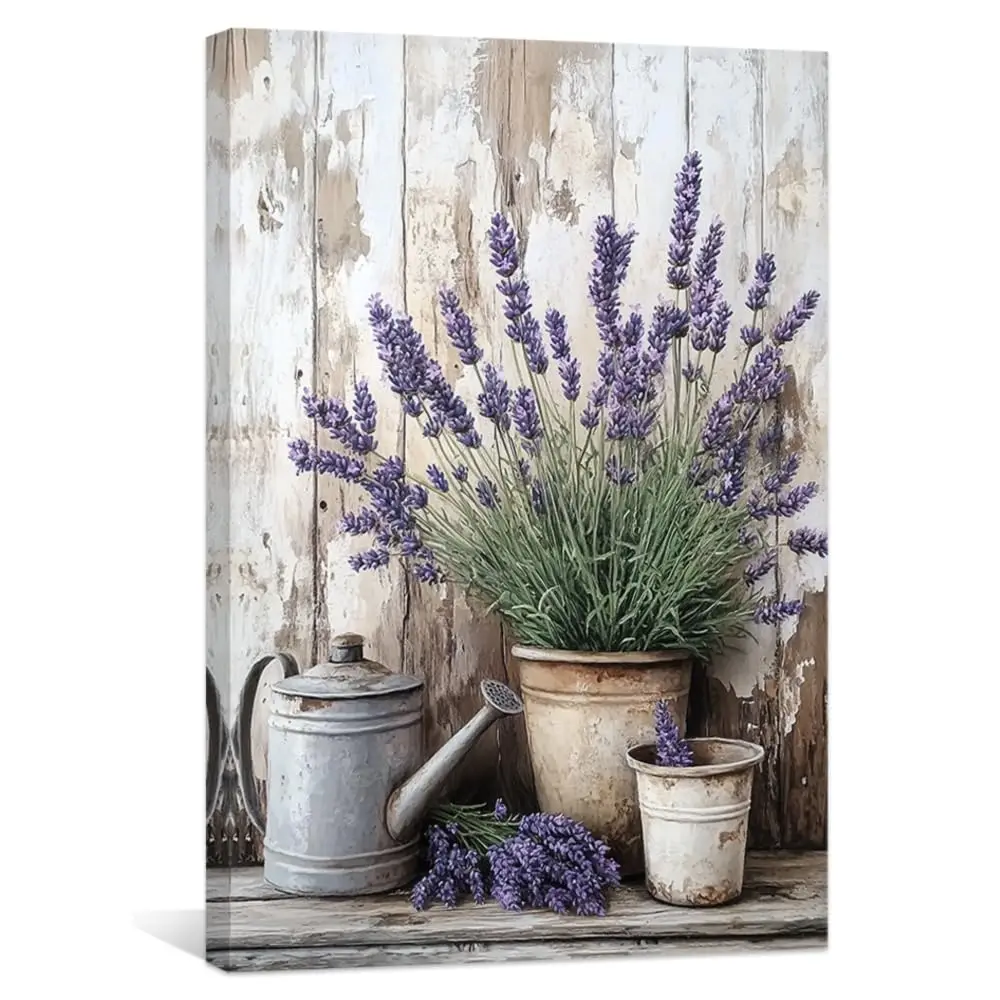 

Картина на холсте «Лаванда»: Фиолетовая лаванда в цветочных горшках, винтажный цветочный принт, декор в деревенском стиле, в раме