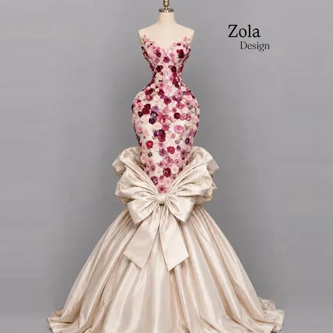 Luxury 3D Flowers Satin Prom Gown Women Party Formal Dress Floral Applique Mermaid Evening Dresses Satin Bow Wedding Prom Dress