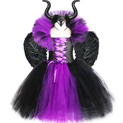 Halloween Malefice Costume for Kids Carnival Party Clothes Set Witch Evil Queen Cosplay Costume for Girls Fancy Tulle Tutu Dress