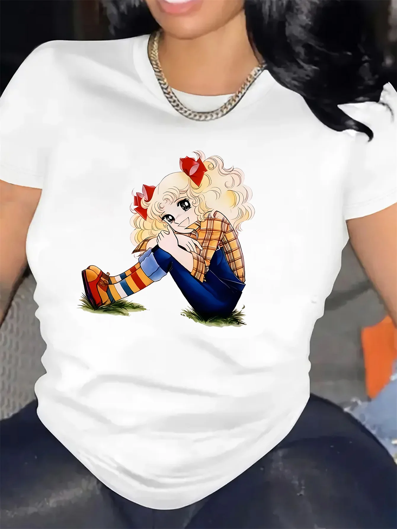 เสื้อยืดกีฬาพิมพ์ลายการ์ตูนน่ารักของผู้หญิง - เสื้อยืดแขนสั้นคอกลมสีดําซักด้วยเครื่องได้เหมาะสําหรับทุกฤดูกาล