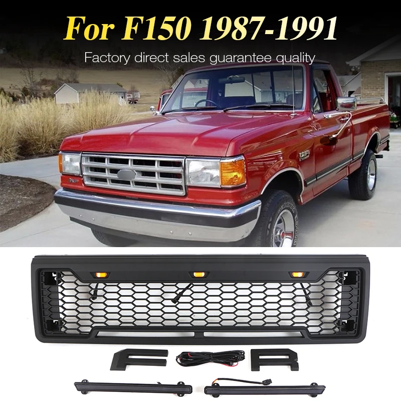 

Front Grill W/light bar Fits For 1987-1991 Ford F150 Matte Black Grille