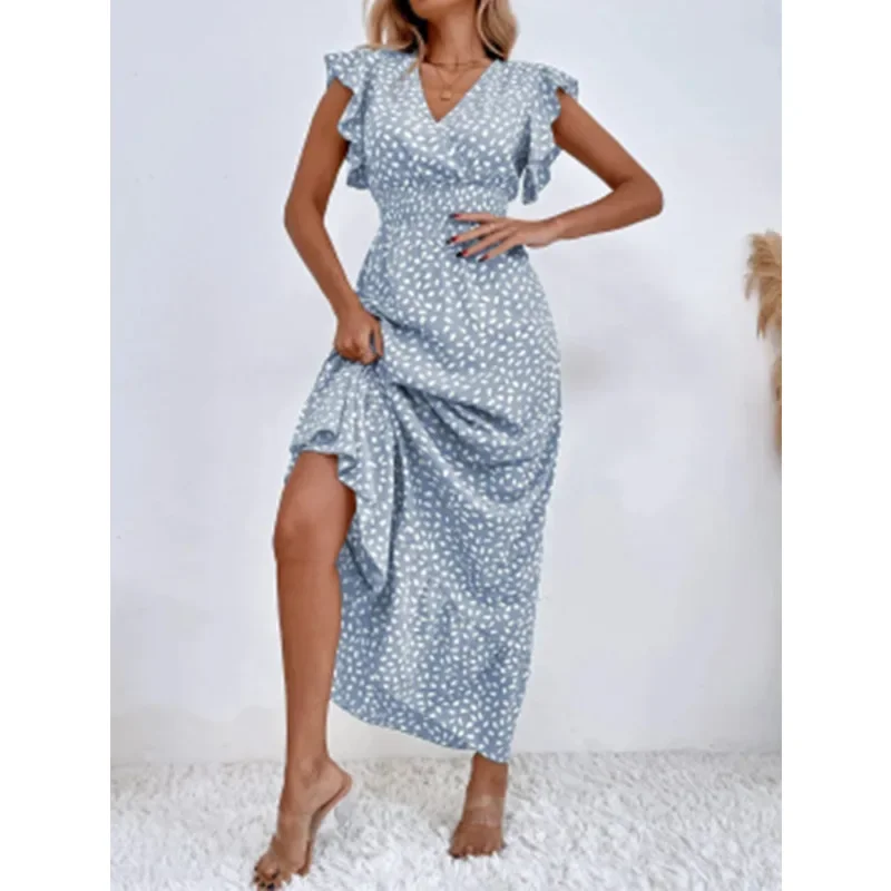 

Women Dress Long Polka Dot Skirt with Flounces Sleeveless Summer Dress Casual Print Women Clothing V-neck Slim Dress for Women