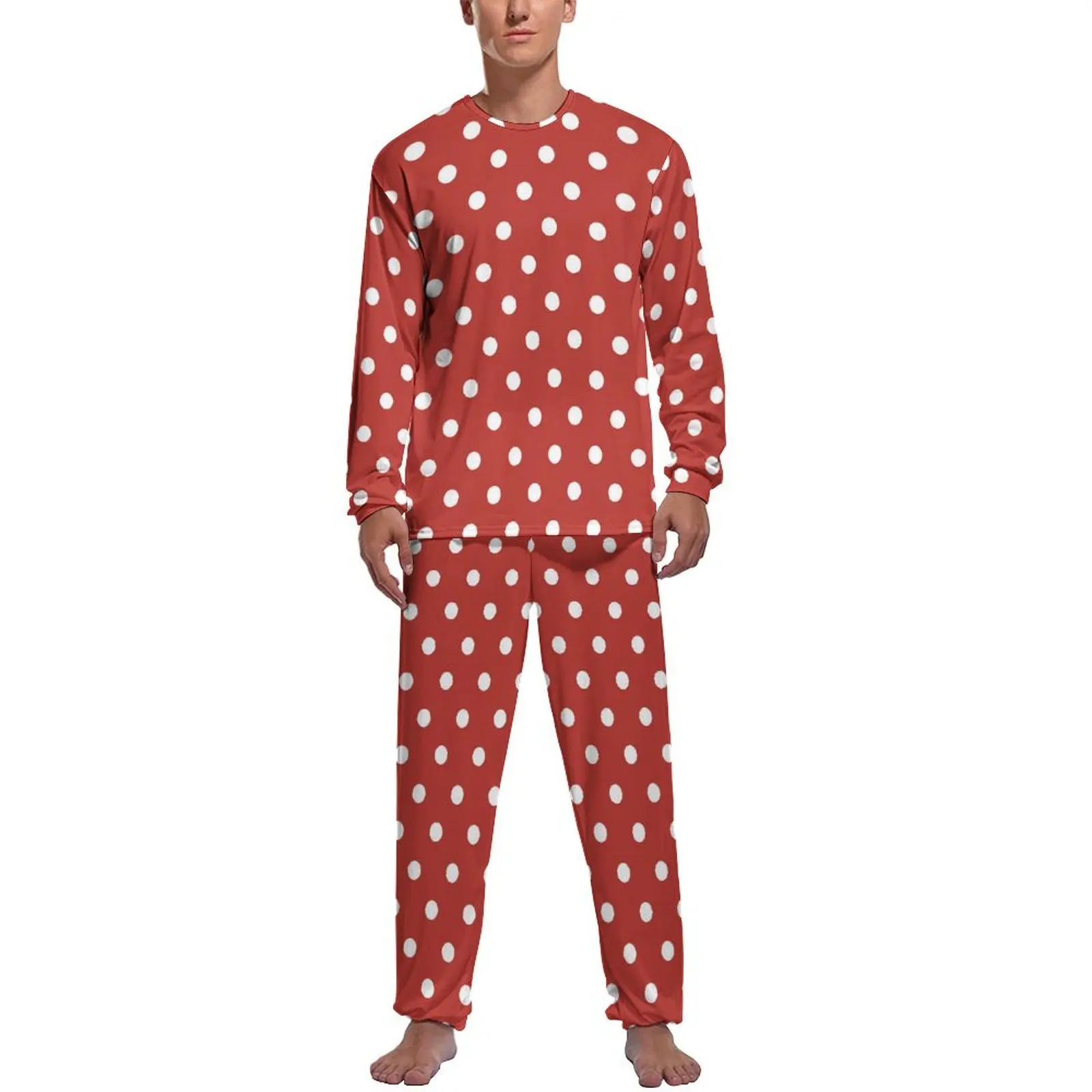 

Retro Polka Dots Pajamas Winter 2 Pieces Red And White Warm Pajama Sets Male Long Sleeve Casual Design Sleepwear