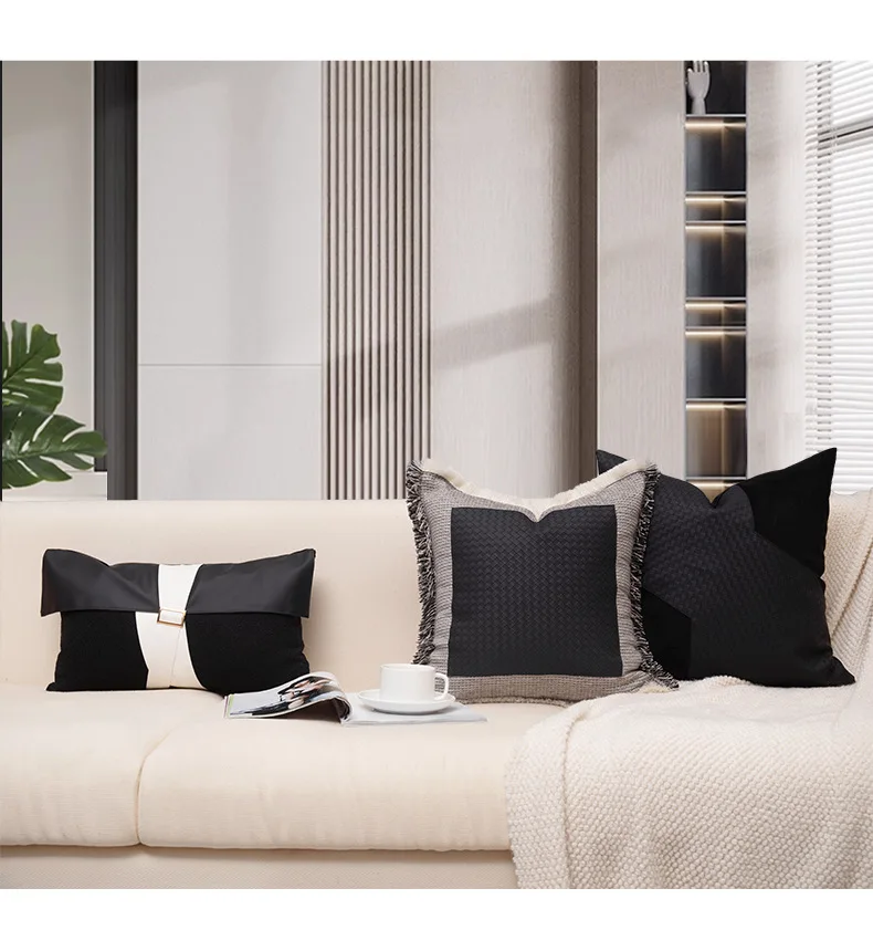 handmade black white woven leather cushion cover modern pu leather pillowcase sofa pillow cover