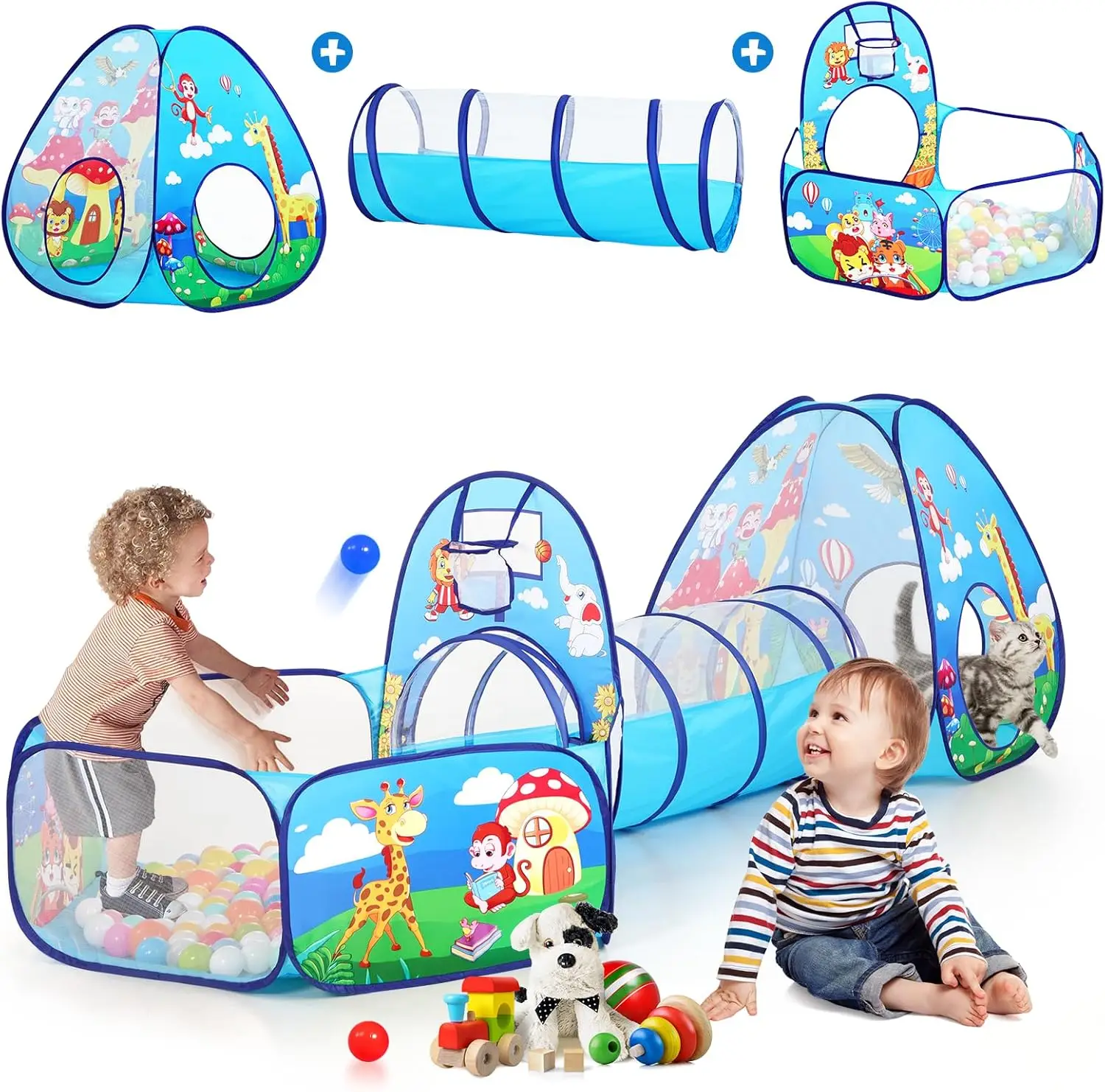 Tente de jeu 3 en 1 pour enfants, avec Tunnel et fosse à balles, pour garçons et filles, jouet de maison de jeu Pop-Up pour intérieur et extérieur (Jungle 3 pièces