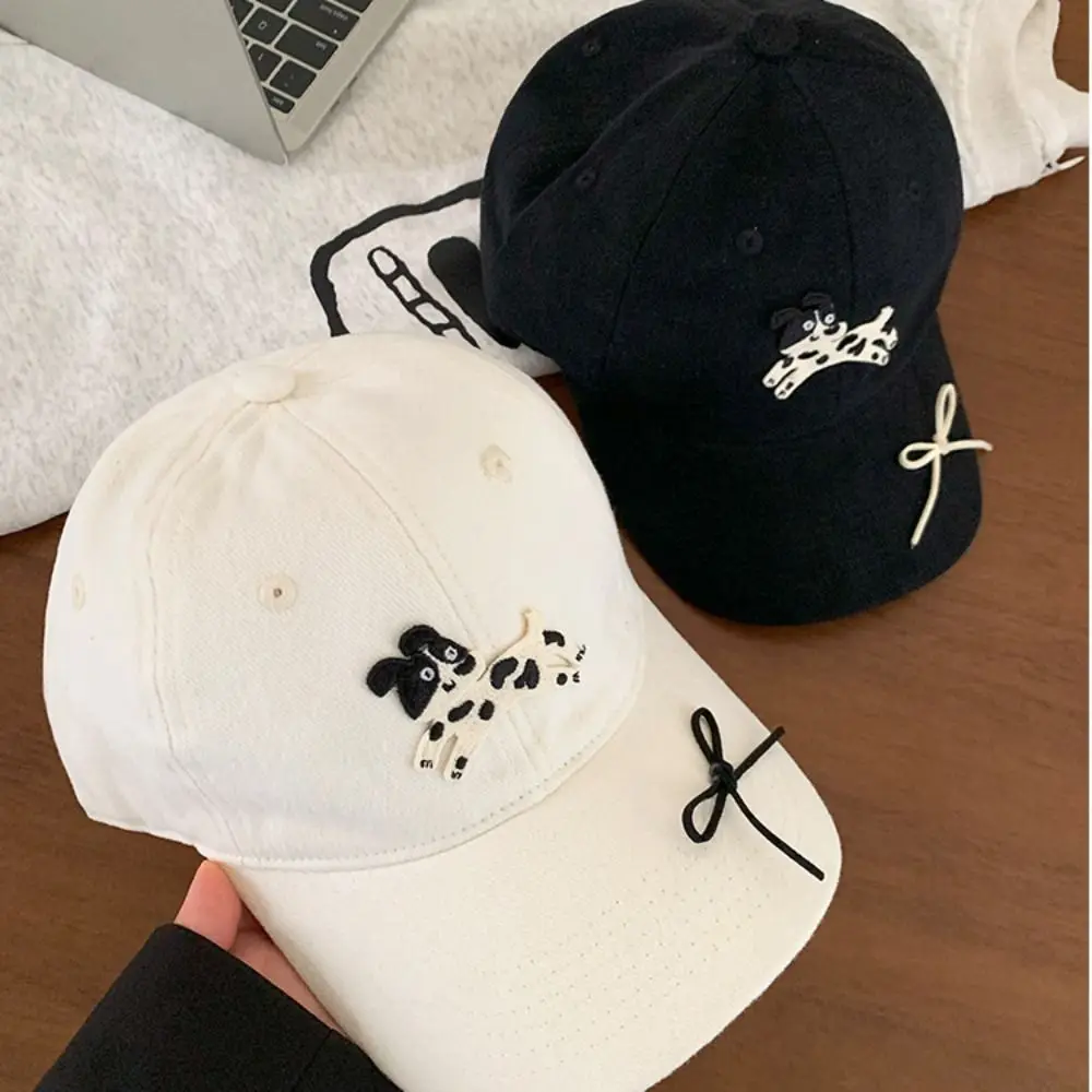 Fashion Spotted Puppy Embroidery Baseball Cap Bow Sunscreen Sun Hat Visors Korean Style Peaked Cap Outdoor