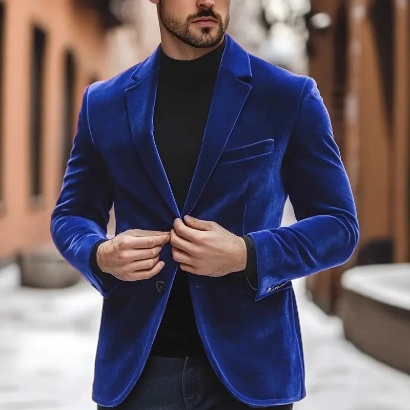 

New Men's Velvet Blazer European American Slim Fit Formal Solid Color Long Sleeve Wedding Banquet Jacket Coat