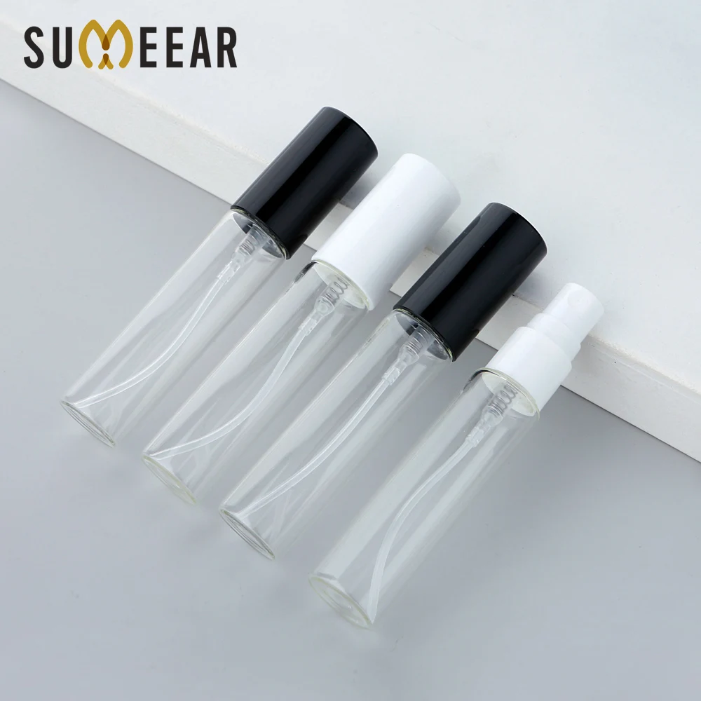 

50/100Pcs 10ml Glass Perfume Spray Bottles Refillable Atomizer Black and white plastic spray Empty Cosmetic Bottle Glass Vials