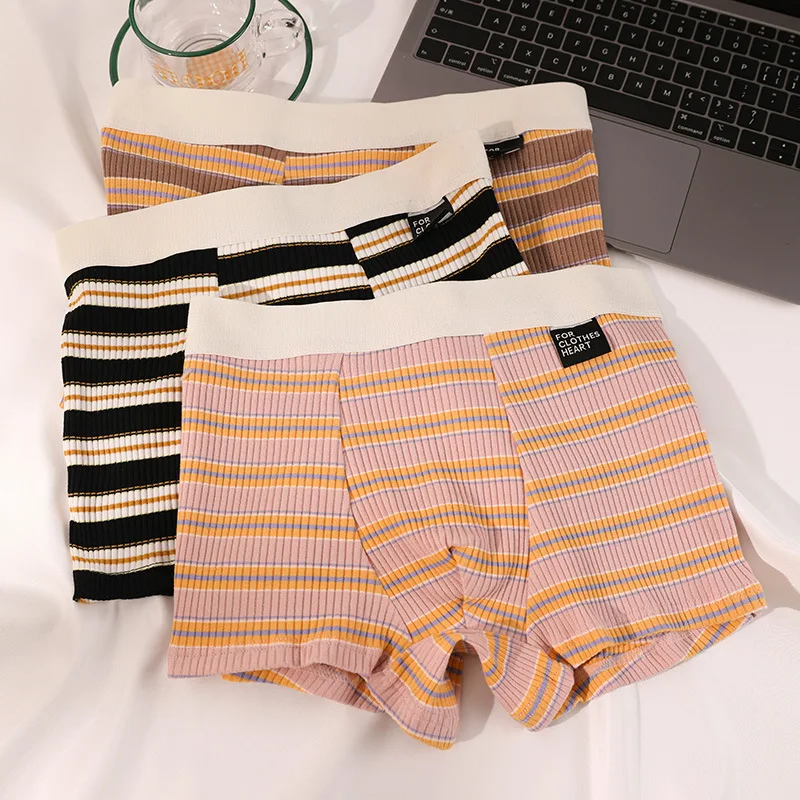 Celana dalam katun pria, celana dalam katun seksi bergaris nyaman, celana pendek Boxer bersirkulasi, celana dalam pria