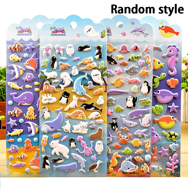 1 sheet Cartoon Shark Dolphin 3D Bubble Sticker Children's Toys Marine Life Small Fish Crab Turtle Reward Small Sticker Random 