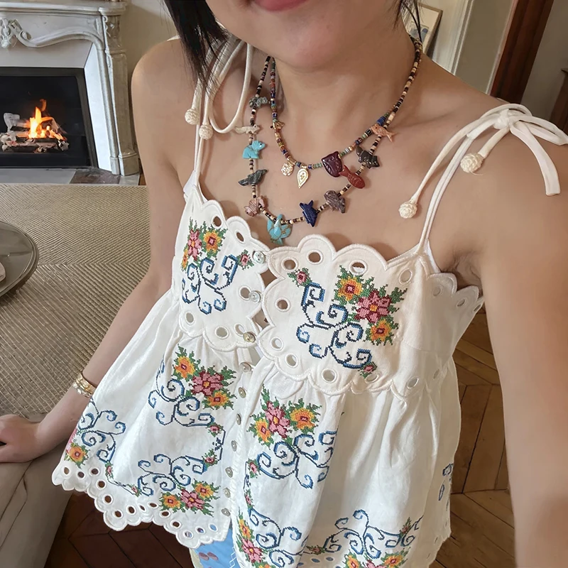 

Linen Blend Embroidered Hollow out Knot Small Strap Vest Shorts Fashion Set Women's Summer Spring Cotton Sleeveless