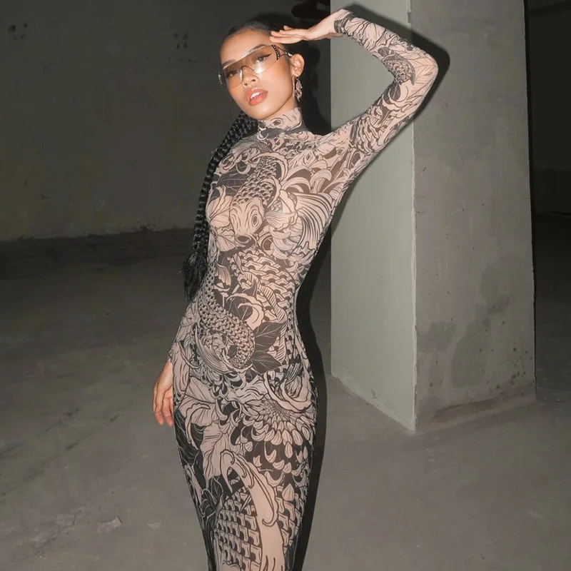 女性のためのハイネックロングドレス,メッシュ,Vネック,スリムフィット,長袖,セクシー,タイト,ダークゴシック,秋,新作