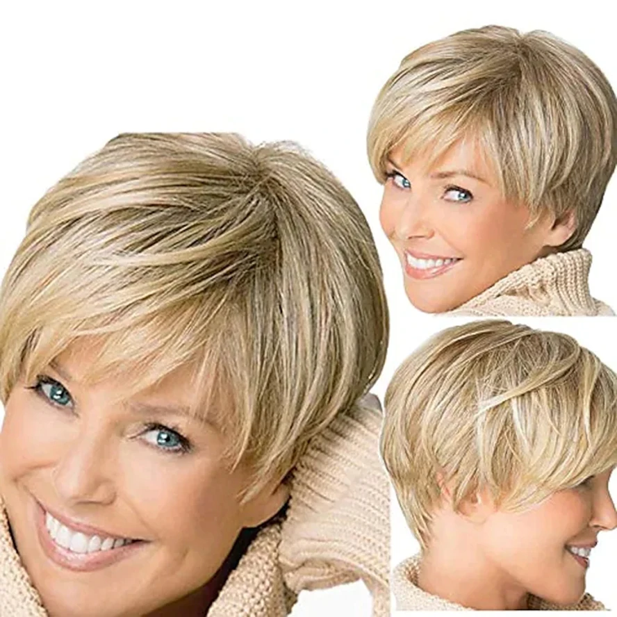 Blonde Premium Synthetic Fiber Wig Blonde Wigs for Women Natural Looking Fashion Gold Short Straight Full Wigs 10 Inches