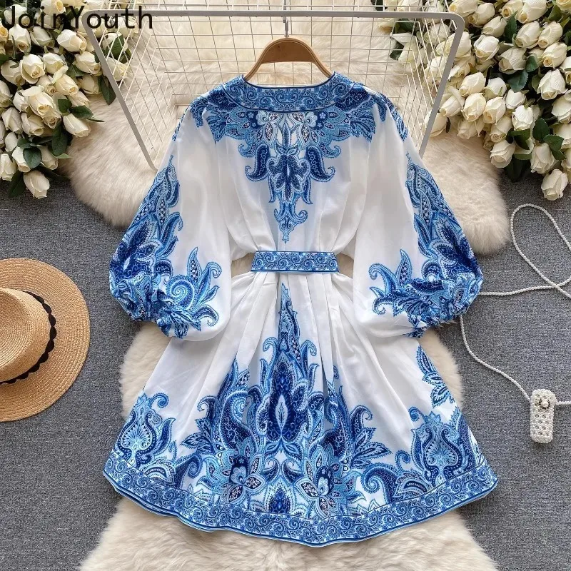 Elegant Robe Femme Floral Summer Dress for Women 2024 Vestidos De Mujer Bandage Tunic Lantern Sleeve Vintage Korean Dresses