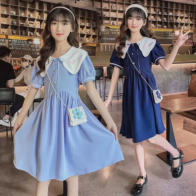 

2024 summer Kids Student princess Dresses Children Clothes Teens Preppy Style peter pan Uniform Girls Daily Wear 6 9 12 year