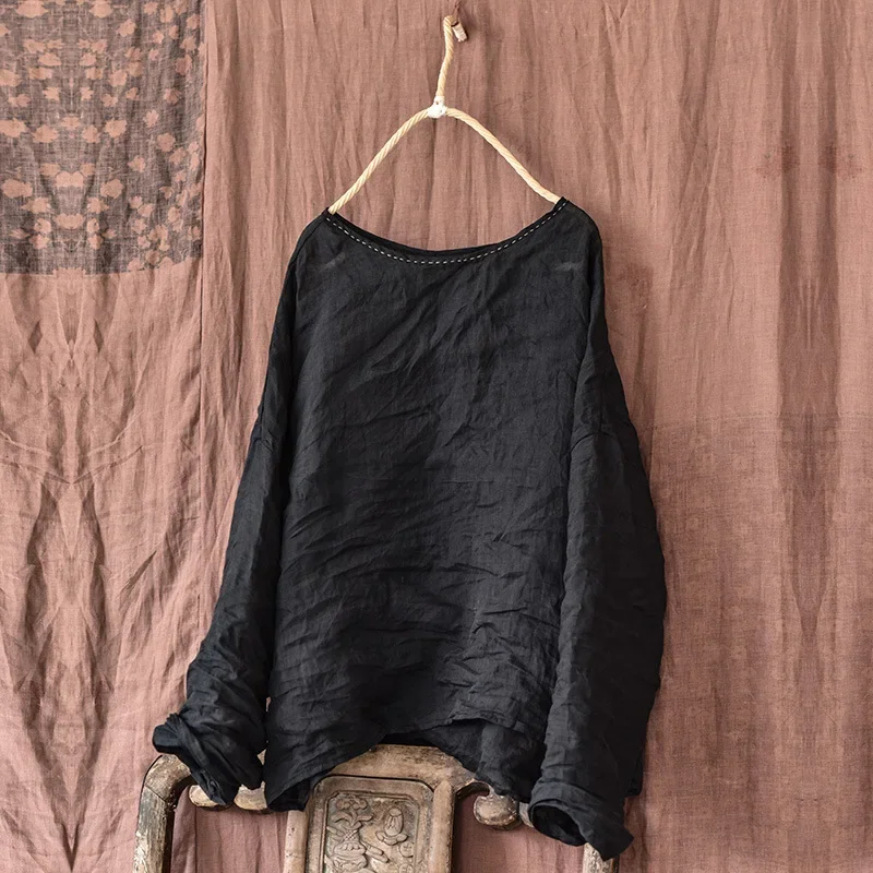 Zomer Lente Nieuwe Dunne Ramie O Hals Shirt Met Lange Mouwen En Tops Dames Losse Jeugdpullovers Eenvoud Casual Dameskleding