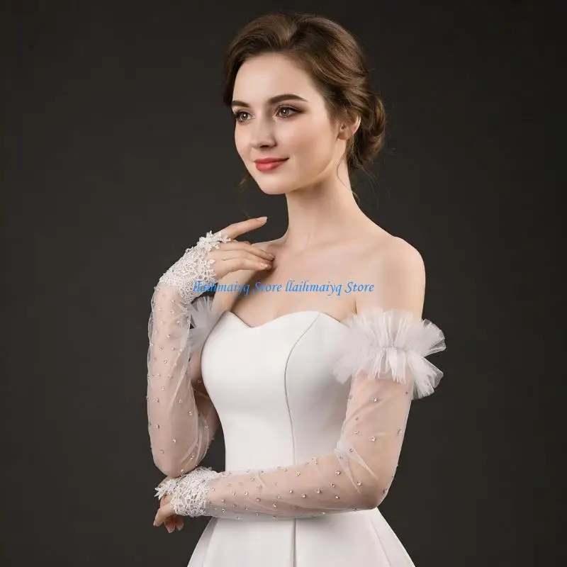 573B Wedding White Gloves Rhinestones Wedding Concert Operas Party Costume for Bride and Bridesmaids Lady Gloves