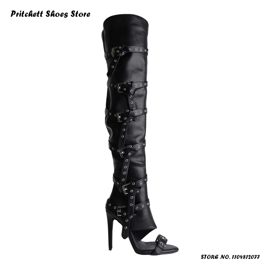 Multi Belt Buckles Thigh High Boots Round Open Toe Trending Over-the-knee Boots Women's Spring Summer Side Zip Plus Size Shoes