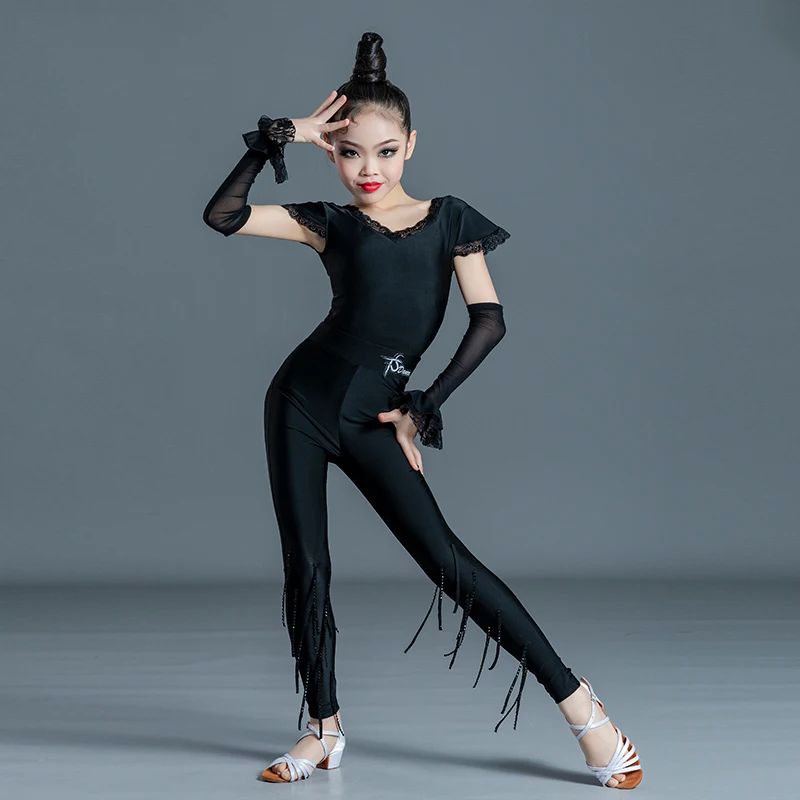 Children'S Latin Dance Costume Girls Latin Top Fringes Pants Ballroom Dancing Clothes Satge Performance Practice Wear SL6406